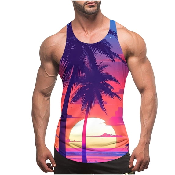 qelini Tank Top Stretchy for Men Big and Tall Vest Top Crew Neck Sleeveless Vest Hawaiian Print Workout Cloths