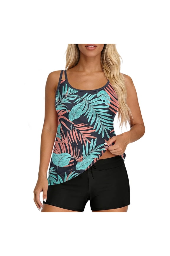 Tankini Sets for Women with Boy Bottom Crew Neck Swimsuit Pockets Hawaiian Print Swimwear Summer Vocation