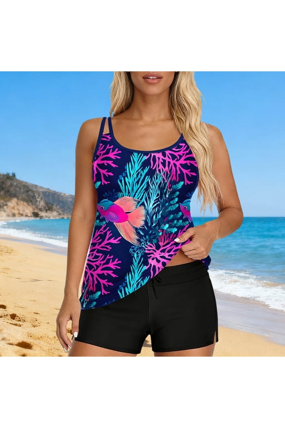 Tankini Sets for Women with Boy Bottom Crew Neck Two Piece Swimsuit Hawaiian Print Swimwear