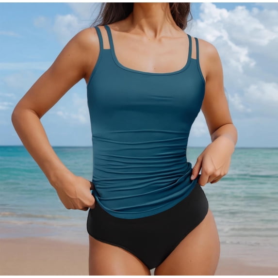 qelini Tankini Swimsuits for Women Crew Neck Bikini Set Solid Color Swimwear Summer Beach Vocation
