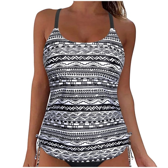 qelini Tankini Tops for Women Paddad Bra Crew Neck Swim Top Print Swimwear for Summer Beach Vocation