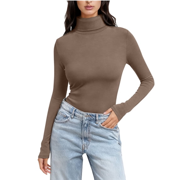 qelini Tee Shirts for Women Long Sleeve Pullover Tops Solid Turtleneck Basic Lightweight Winter Warm Blouses