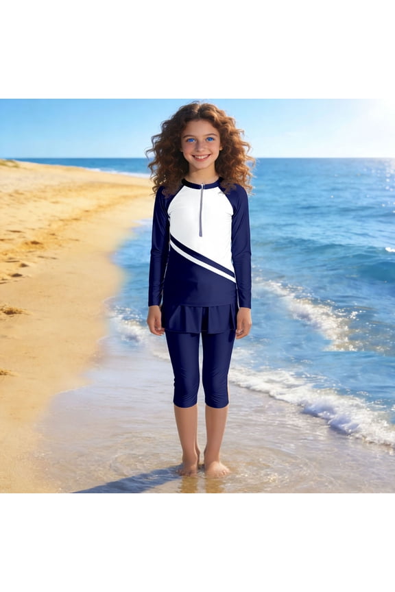 Teen Girl Swimsuits 2-13 Years Long Sleeves Swimsuits Three Piece Set with Skirt Pants and Swim Cap Color Block Swimwear