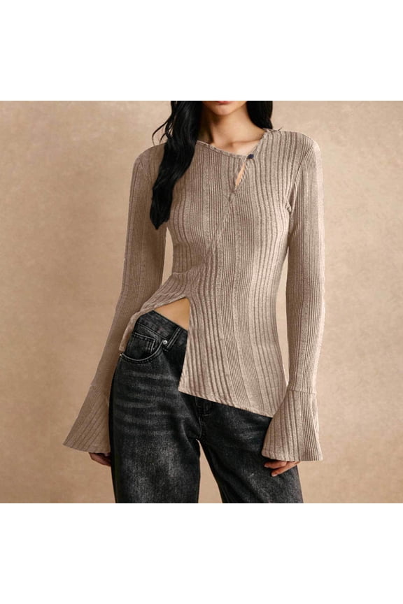 Textured Womens Tops V Neck Pleated Flare Sleeve Blouses Casual Front Side Split Slit Tunic Tops Spring Fall Grooved Knit Thin Pullover Tops Khaki M