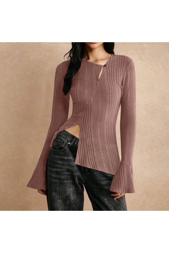 Textured Womens Tops V Neck Pleated Flare Sleeve Blouses Casual Front Side Split Slit Tunic Tops Spring Fall Grooved Knit Thin Pullover Tops Pink XXL