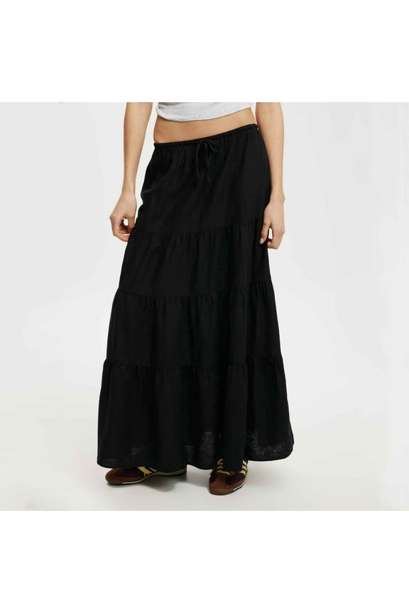 Tiered Skirt Women Drawstring Waist Mid-Length Skirt Elastic Waist A-line Skirt Solid Color Skirt