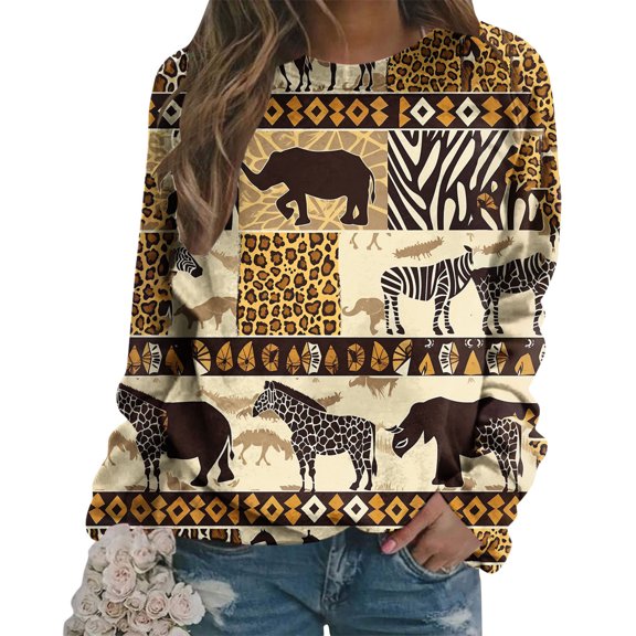 qelini Trendy Tops for Women Sweatshirt Christmas Fall Ethnic Style Print Fashion Long Sleeve Oversized Crewneck Sweatshirt Fall Lightweight Jumpers Tops