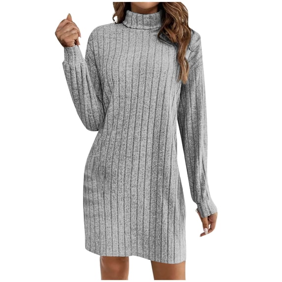 qelini Turtleneck Dresses for Women Long Sleeve Solid Dropped Shoulder Mini Sweater Dress Winter Warm Dresses