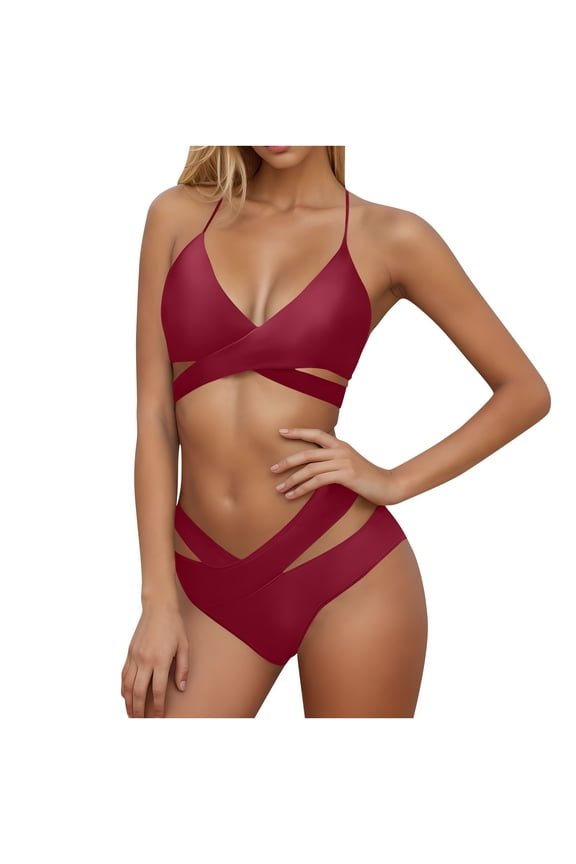Two Piece Bikini Swimsuits for Women V Neck Bikini Set Solid Color Swimwear Summer Beach Vocation