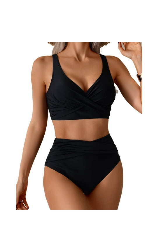Two Piece Bikini Swimsuits for Women V Neck Swimsuit Solid Color Swimwear Swimming Pool