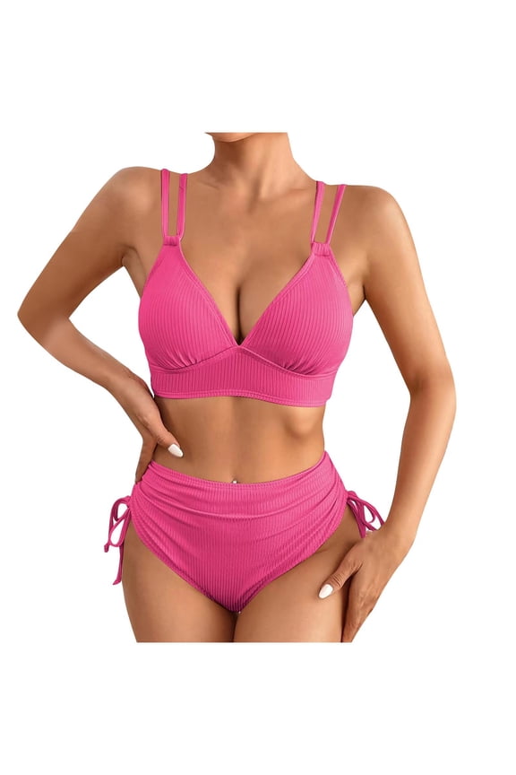 Two Piece Swimsuits for Women Adjustable Straps V Neck Bikini Set Solid Color Swimwear for Swimming Pool