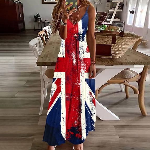 qelini Union Jack Dress for Women Plus Size Long Dresses Crewneck Sleeveless A-line Dress Print Dress