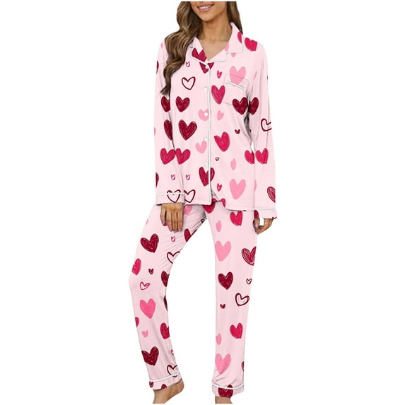 qelini Valentines Pajama Set for Women Heart Print Long Sleeve Shirt and Pant with Pocket Pjs Set Soft Holiday Sleepwear