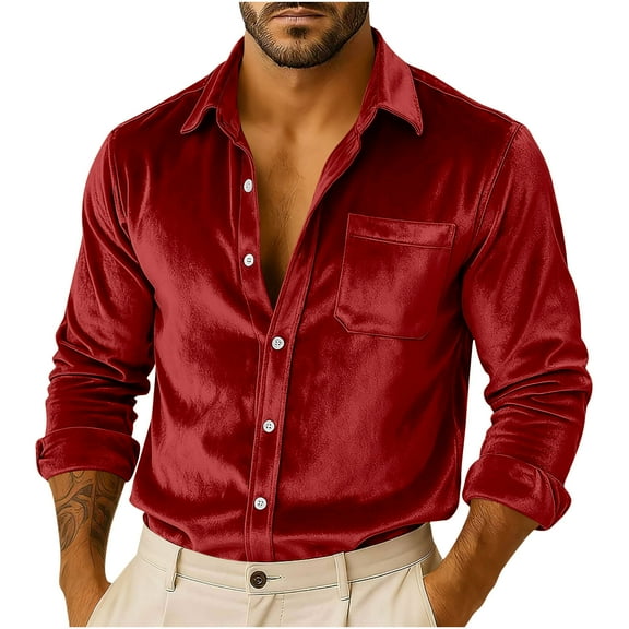 qelini Velvet Shirts for Men Long Sleeve Tops Basic Tee Solid Lapel Collared Button Down Vintage Party Blouses with Pocket