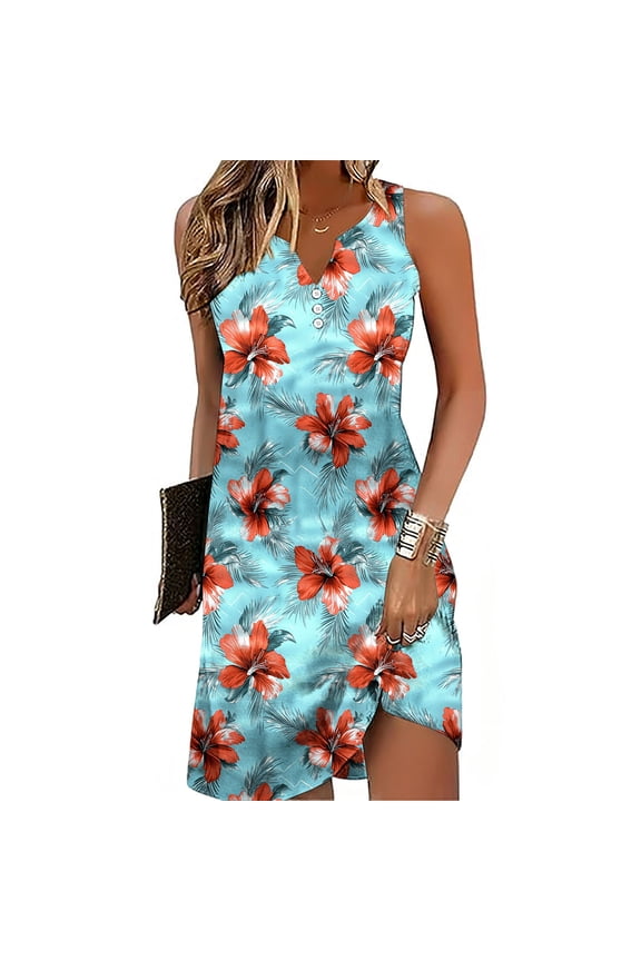 Vintage Dresses for Women Long Dresses V Neck Sleeveless A-line Dress Print Dress for Swimming Pool