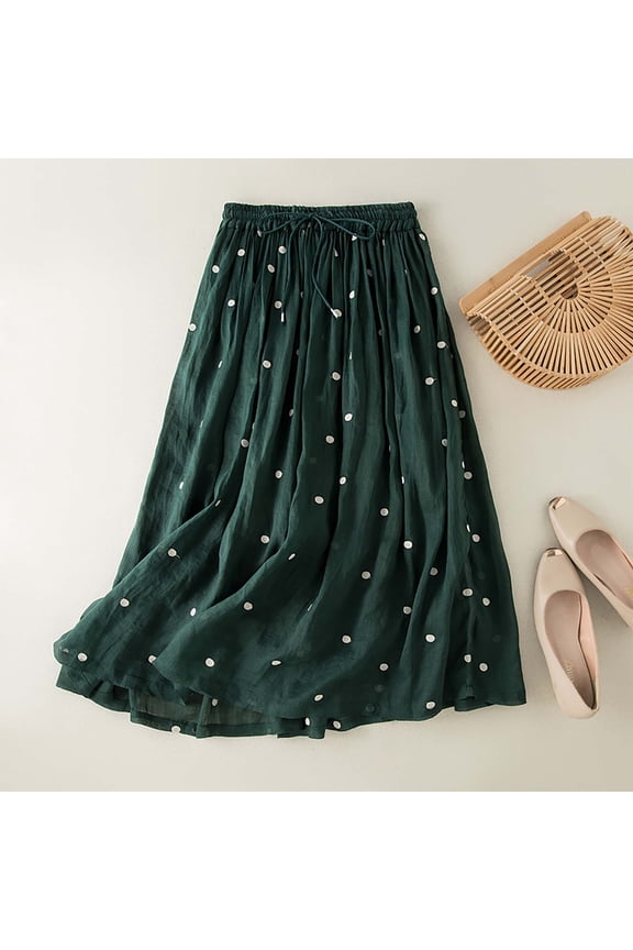 Vintage Skirts for Women Pleated Long Skirt Lined Layer Elastic Waist A-line Skirt Linen Solid Color Skirt