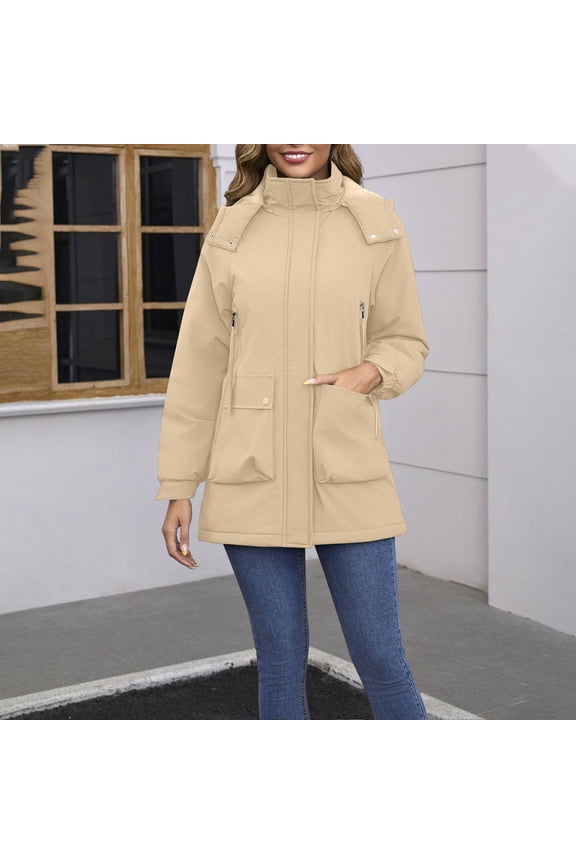 Waterproof Hoodie Lightweight Jacket Women Hooded Pocket Winter Coats Buttons Zip Up Casual Coats Hiking Mountain Ski Outdoor Sports Jacket Beige S