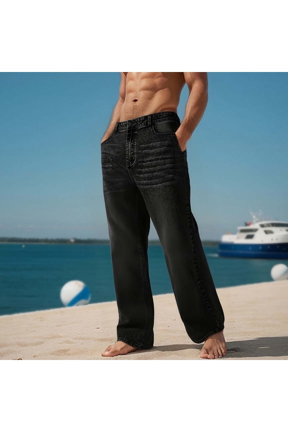 Wide Leg Jeans for Men Elastic Waist Denim Pants with Pockets Solid Color Casual Cloths