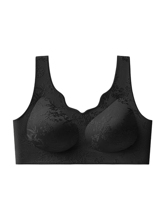 Wide Strap Bralettes for Women Plus Size V Neck Breathable Push Up Support Bralette with Ruffle Trim Gathering Underwear Solid Bra for Everyday Wear