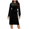 thumbnail image 1 of qelini Winter Cocktail Dresses for Women Long Sleeve Velvet Solid Crewneck Tie Waist Ball Dress Evening Dresses, 1 of 8
