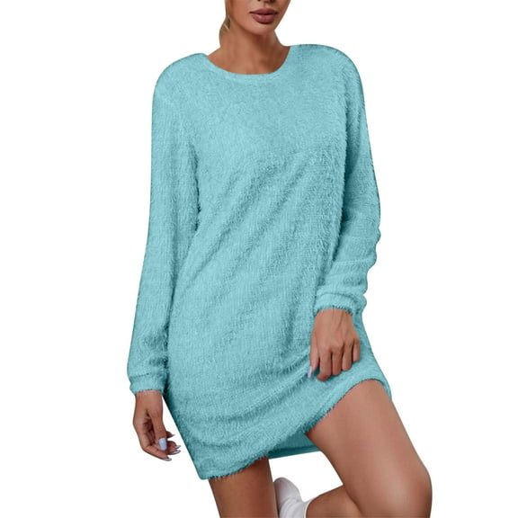 qelini Winter Dresses for Women Fleece Long Sleeve Solid Crewneck Mini Bodycon Dress Casual Elegant Dresses