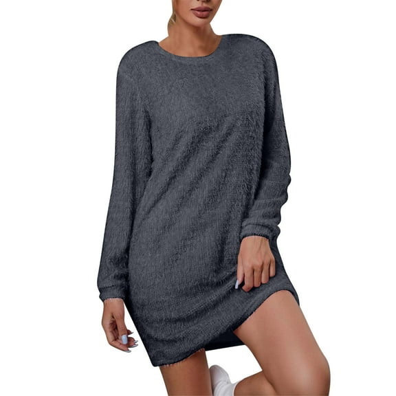qelini Winter Dresses for Women Fleece Long Sleeve Solid Crewneck Mini Bodycon Dress Casual Elegant Dresses