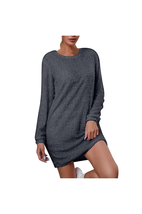 Winter Dresses for Women Fleece Long Sleeve Solid Crewneck Mini Bodycon Dress Casual Elegant Dresses