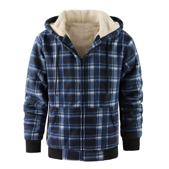 qelini Winter Jackets for Men Long Sleeve Fleece Lined Coats Plaid Zip up Jackets Dressy Warm Outerwear with Pockets