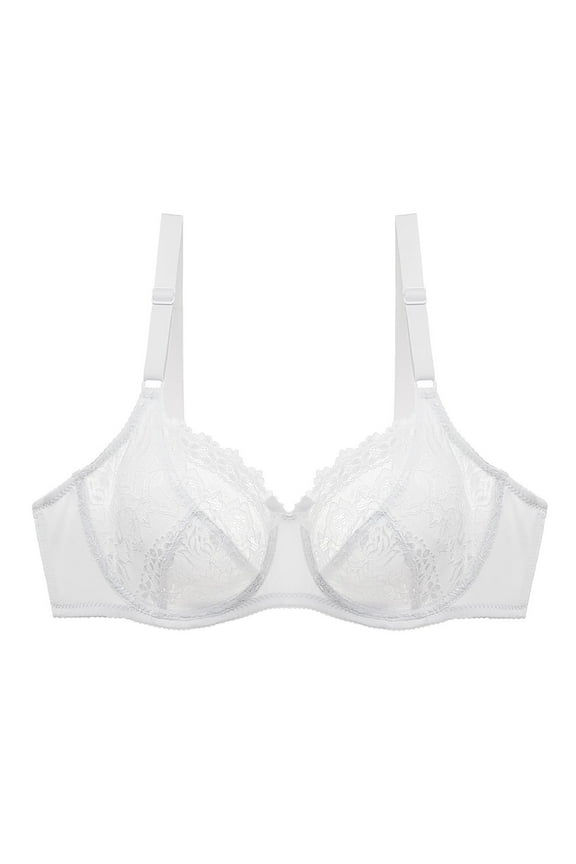 Wire Bras for Women Full Coverage with Wide Straps School Season 1Pack Solid Color Lace Hollow Out Plus Size Gathered Together Daily Bralette Lightweight and Breathable White L