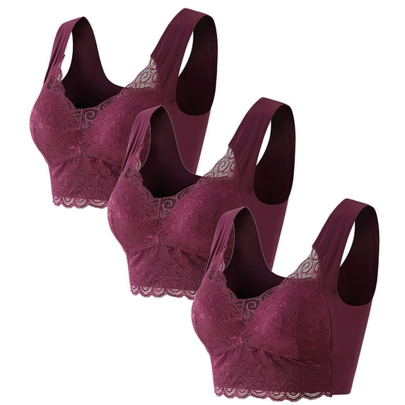 qelini Wirefree Bras for Women Push Up Comfort 3 Pack Lace Beauty Back Strap Wrap Plus Size All-day Comfort Daily Bralette 2024 Fashion Breathable Purple 5XL