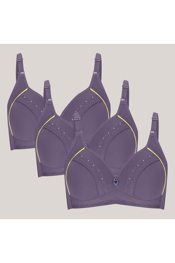 Wirefree Bras for Women Push Up Comfort School Season 3Pack Solid Color Glossy Embroidered Gathered Together Daily Bralette Lightweight and Fashion Breathable Purple 48