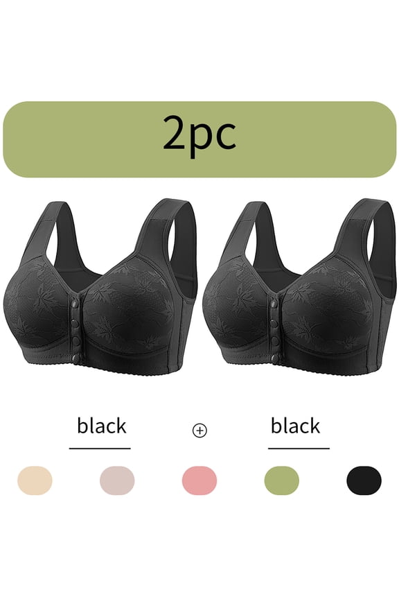 Wirefree Bras for Women Push Up Comfort School Season Solid Color Lace Thin and Breathable Front Buckle Plus Size Underwear Lightweight and 2Pack Black XL