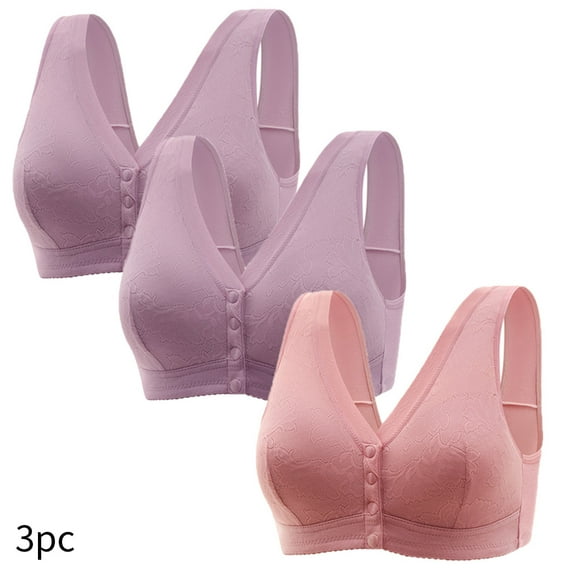 qelini Wirefree Bras for Women Push Up Comfort School Season Solid Color Lace Thin and Breathable Front Buckle Plus Size Underwear Lightweight and 3Pack Purple XL