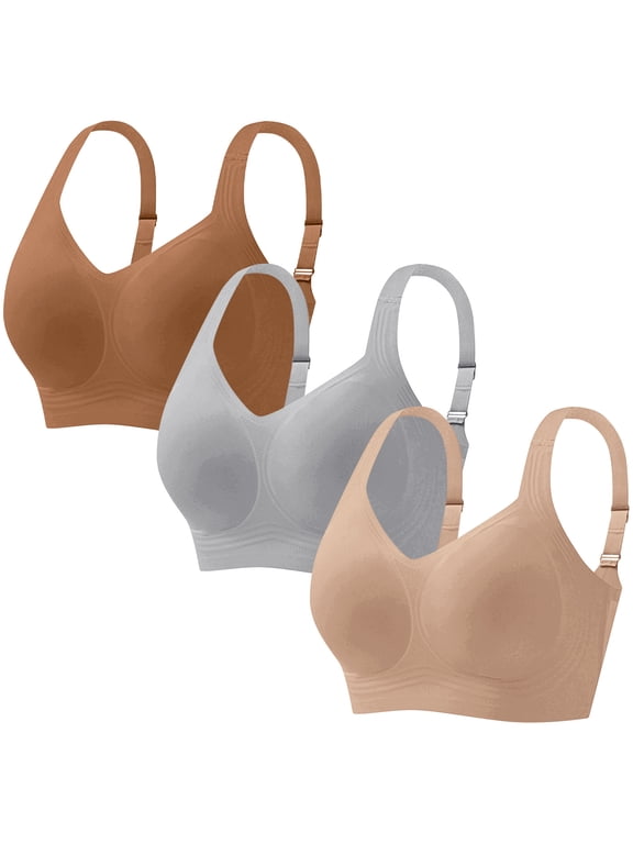 Wireless Push up Bras for Women 3 Pack Plus Size Thin Strap Jelly Bras Side Support Seamless Racerback Soft Daily Lingerie