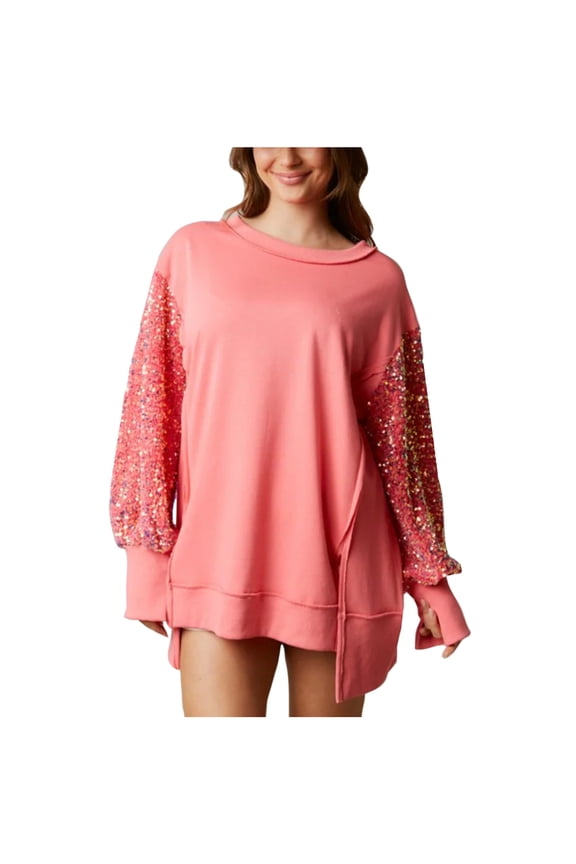 Women Fall Winter Color Circular Neck Long Sleeve Tops Pullover Blouse Sweatshirts Fashion Trendy Pink S