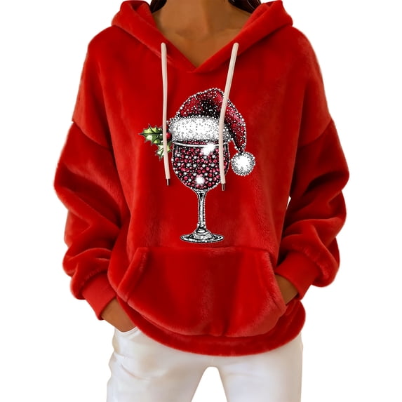 qelini Women Fleece Christmas Hoodies Red Wine Glass Print Pullover Dropped Shoulder Long Sleeve Sweatshirts Casual Cozy Tops
