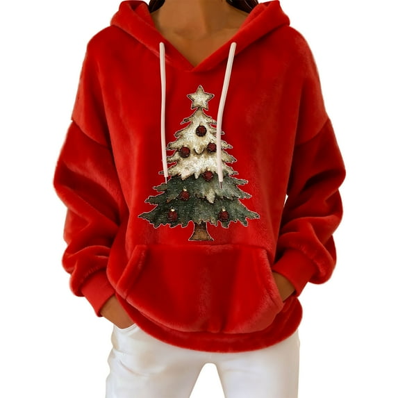 qelini Women Fleece Christmas Hoodies Xmas Tree Print Pullover Dropped Shoulder Long Sleeve Sweatshirts Casual Holiday Tops