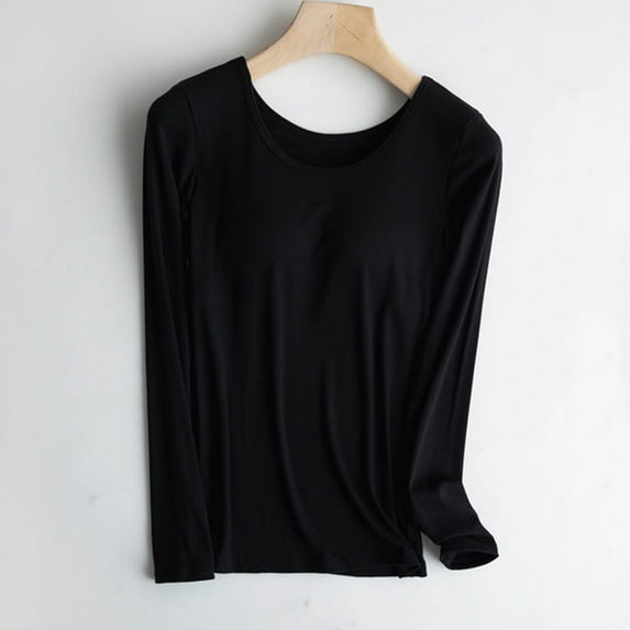 qelini Women Long Sleeve T-shirt Cotton with Chest Pad Integrated Fall and Winter Loose Solid Color Round-Neck Pullover Blouses Dressy Casual Fashion Lightweight and Black XL