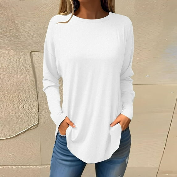qelini Women Long Sleeve T-shirt Cotton Fall and Winter Loose Solid Color Crew-Neck Pullover Plus Size Blouses Dressy Casual Fashion Arrivals Lightweight and White 3X