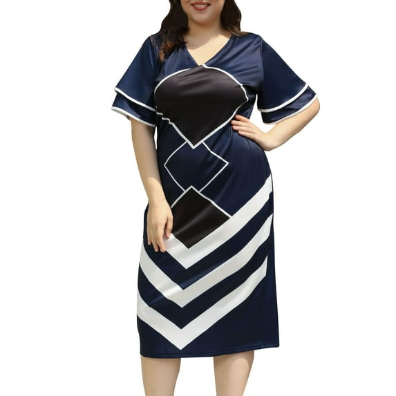 qelini Women Plus Size Dresses for Wedding Guest Spring Flying Sleeve V Neck Formal A Line Dresses Elegant Evening Party Vintage Printing Dress Dark Blue XL