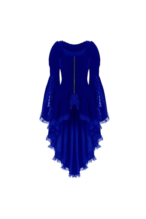 Women Vintage Lace Up Slim Long Coat Zipper waist Back Bandage Lace Stitching Jacket OverCoat Cape Tailcoat Outwear Lightweight Blue M