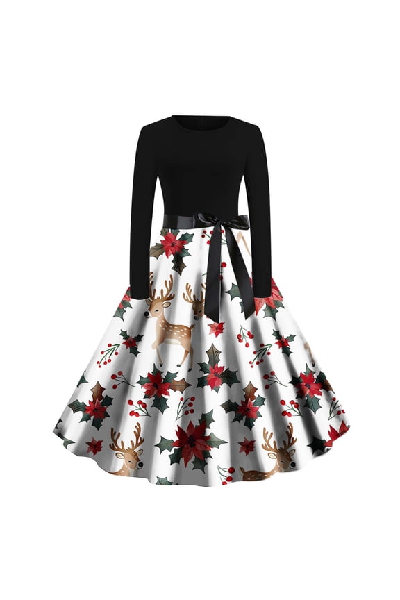 qelini Women's 1950s Vintage Dress Christmas Round Neck Long Sleeve Reindeer and Tree Printed Cocktail Swing Evening Party Dress White XXL