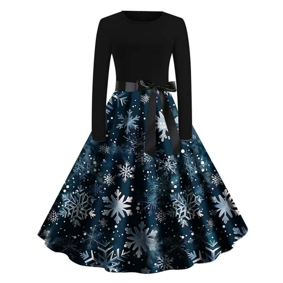 qelini Women's 1950s Vintage Dress Christmas Round Neck Long Sleeve Snowflake Printed Cocktail Swing Evening Party Dress Blue XXL