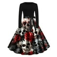 thumbnail image 1 of qelini Women's 1950s Vintage Dress Halloween Women Round Neck Long Sleeve Skeleton Printed Party Cocktail Swing Dress Wine M, 1 of 3