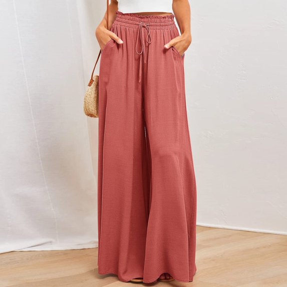 qelini Women's Casual Wide Leg Pants Summer Fall Clothes Pleated Elastic Waist Loose Palazzo Knit Trousers Comfortable Flowy Dress Business Pant Watermelon Red L