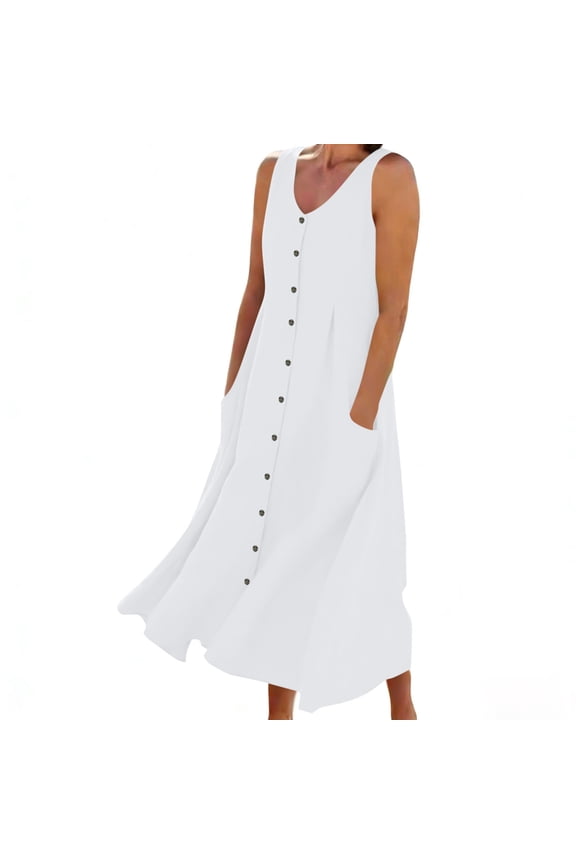 Sleeveless Dresses for Women Pockets V Neck Knee Length Dress Solid Color Dress Linen Look Button Front Dress