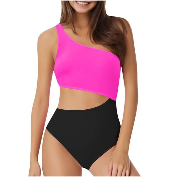 qelini High Waisted Bikini Sets for Women Plus Size One Shoulder Bikini Set Cut Out Solid Color Bathing Swimwear