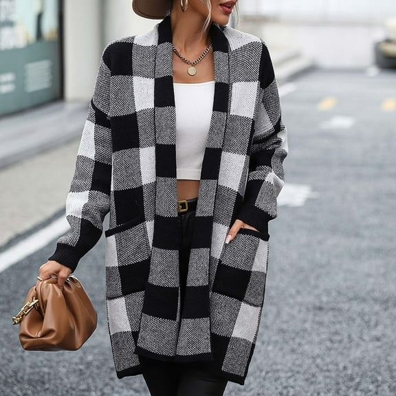 qelini Women's Outerwear Loose Plaid Color Matching Knitted Cardigan Fashionable And Comfortable Casual Sweater Lightweight Black M