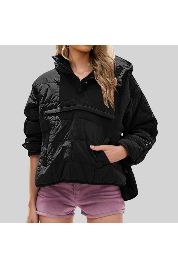 Women's Quilted Pullover Puffer Jacket Oversized Long Sleeve Hooded Coats Winter Warm Lightweight Padded Hoodies Coat Black 2XL