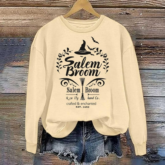 qelini Women's Sweatshirts No Hood Halloween Long Sleeved Oversized Crewneck Sweatshirt Women Plus Size Novelty Print Spooky Season Halloween Day Event Pullover Fall Winter Loose Tops Yellow S